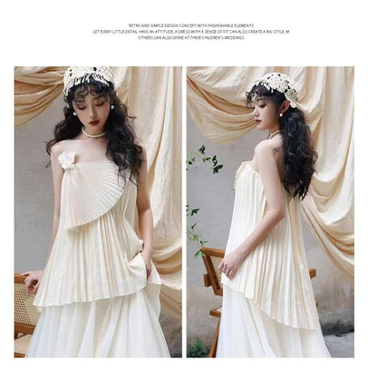 Plain Pleated Panel Mesh A-Line Tube Wedding Gown