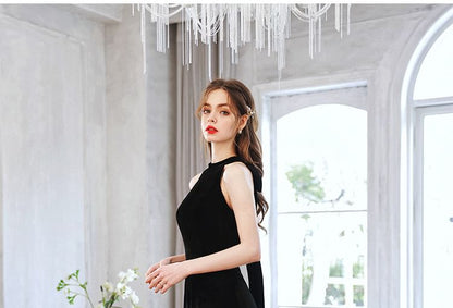 Sleeveless Mock Neck Plain Bow Cutout A-Line Evening Gown