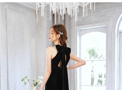 Sleeveless Mock Neck Plain Bow Cutout A-Line Evening Gown