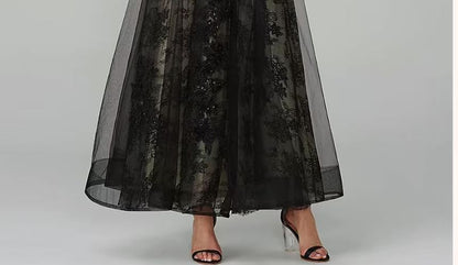Sleeveless Round Neck Lace Panel Mesh A-Line Evening Dress
