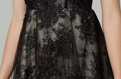 Sleeveless Round Neck Lace Panel Mesh A-Line Evening Dress