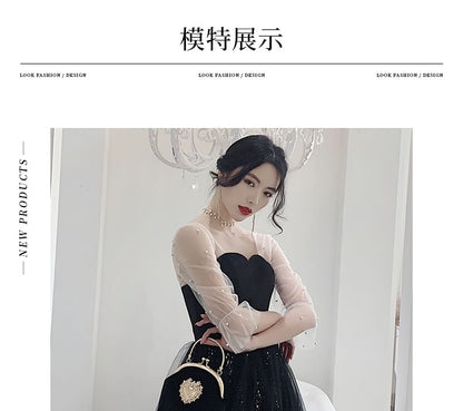Long Sleeve Sweetheart Neck Two Tone Beaded Sequin Panel Mesh A-Line Evening Gown / Midi Cocktail Dress