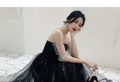 Long Sleeve Sweetheart Neck Two Tone Beaded Sequin Panel Mesh A-Line Evening Gown / Midi Cocktail Dress