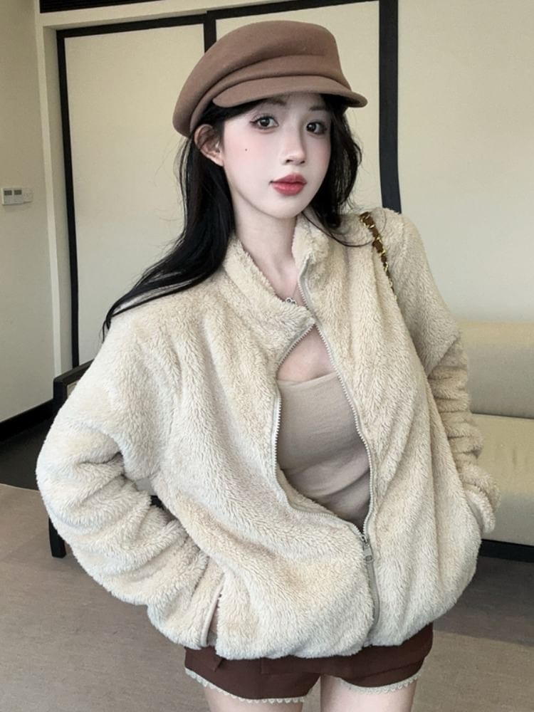 Stand Collar Plain Fluffy Zip Jacket