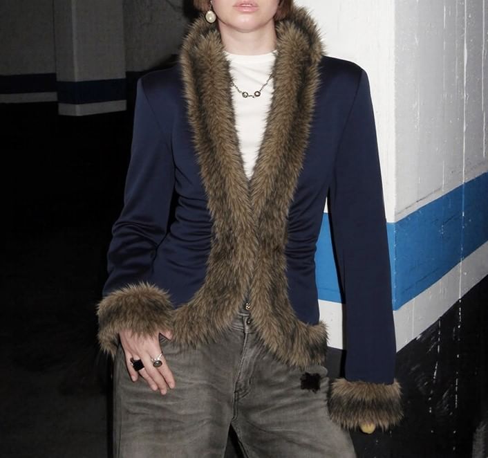 Long Sleeve Faux Fur Trim Jacket