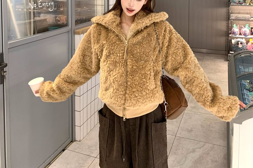 Faux Fur Zip-Up Crop Jacket