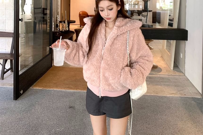 Faux Fur Zip-Up Crop Jacket