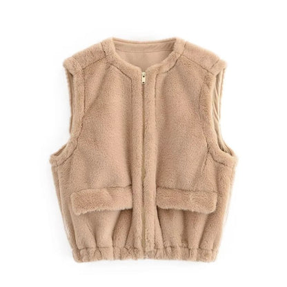 Round Neck Plain Faux Fur Zip Vest