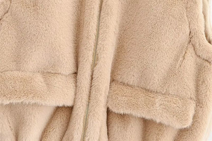 Round Neck Plain Faux Fur Zip Vest