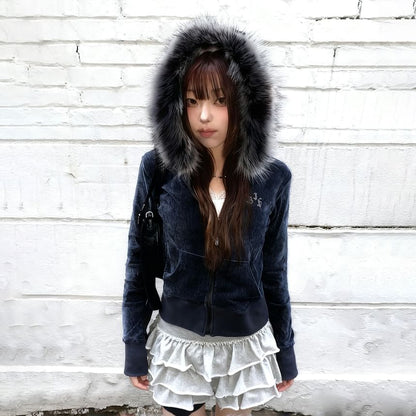Long Sleeve Plain Velvet Furry-Trim Hooded Jacket