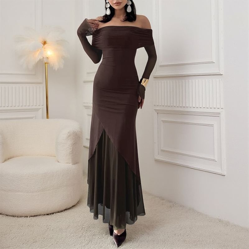 Long Sleeve Off Shoulder Plain Panel Mesh Trumpet Evening Dress