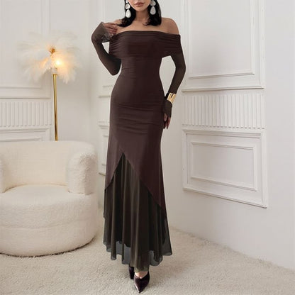 Long Sleeve Off Shoulder Plain Panel Mesh Trumpet Evening Dress