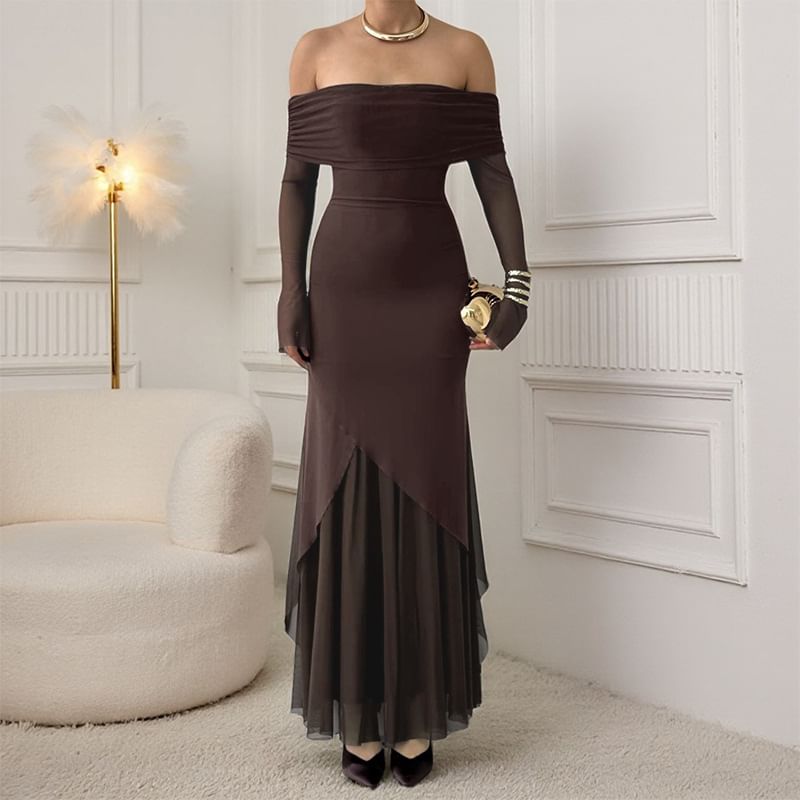 Long Sleeve Off Shoulder Plain Panel Mesh Trumpet Evening Dress