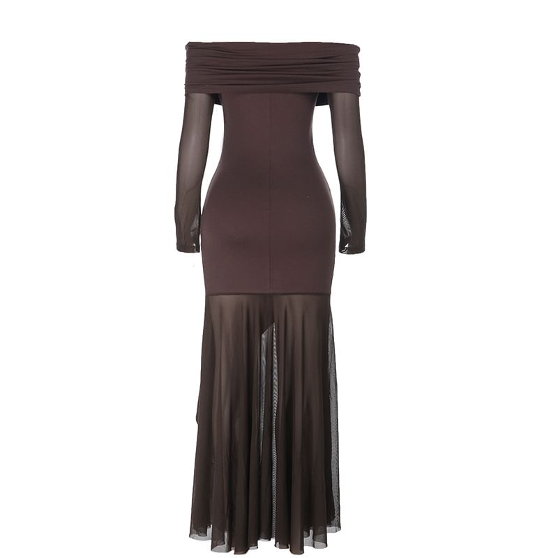 Long Sleeve Off Shoulder Plain Panel Mesh Trumpet Evening Dress