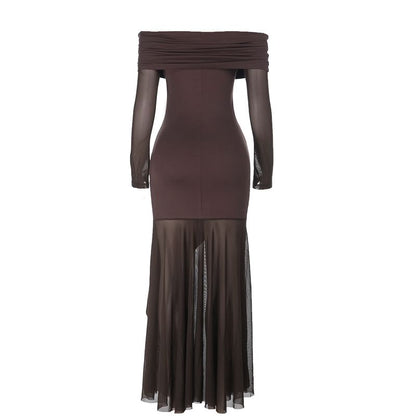Long Sleeve Off Shoulder Plain Panel Mesh Trumpet Evening Dress
