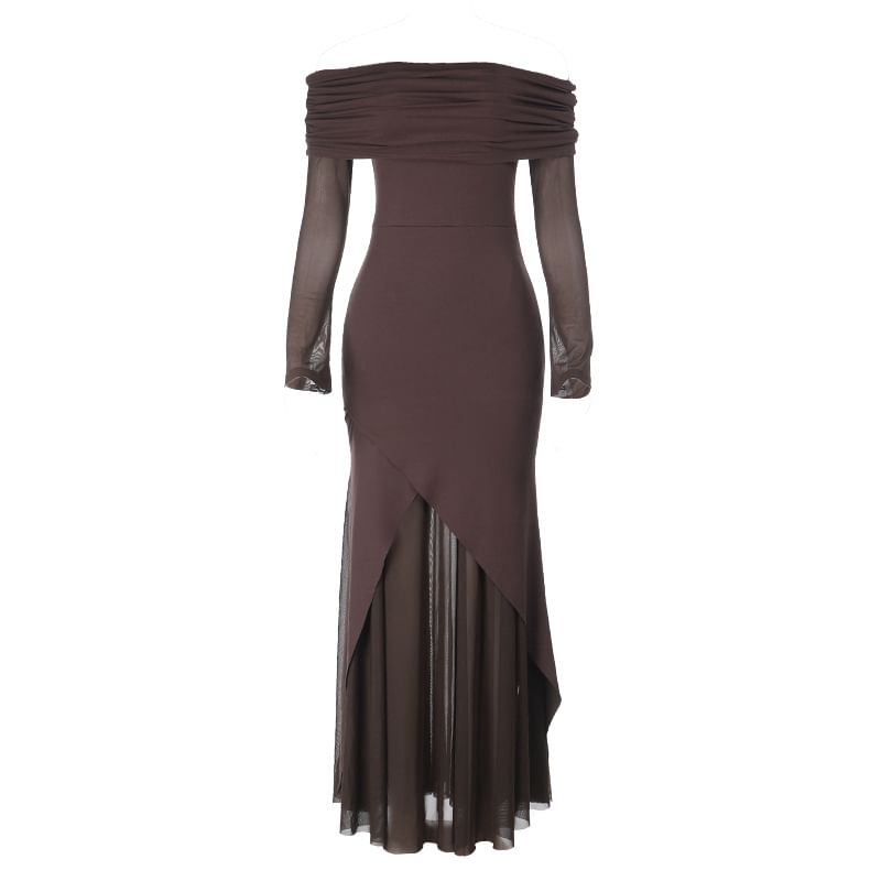 Long Sleeve Off Shoulder Plain Panel Mesh Trumpet Evening Dress