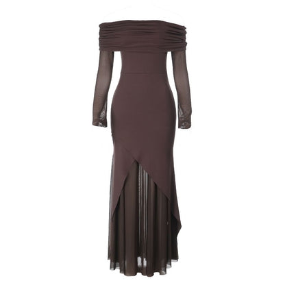 Long Sleeve Off Shoulder Plain Panel Mesh Trumpet Evening Dress