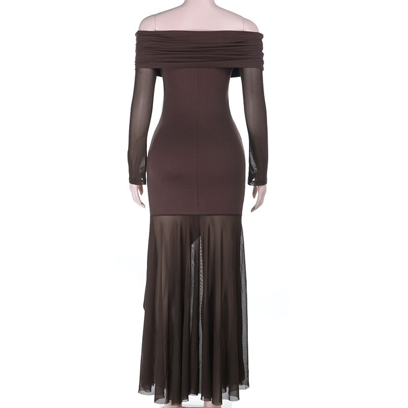 Long Sleeve Off Shoulder Plain Panel Mesh Trumpet Evening Dress