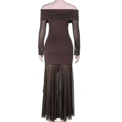 Long Sleeve Off Shoulder Plain Panel Mesh Trumpet Evening Dress
