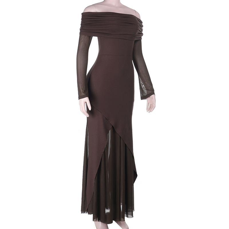 Long Sleeve Off Shoulder Plain Panel Mesh Trumpet Evening Dress