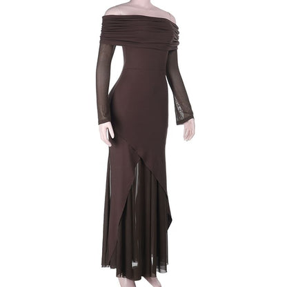 Long Sleeve Off Shoulder Plain Panel Mesh Trumpet Evening Dress