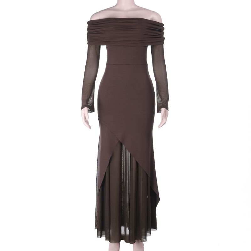 Long Sleeve Off Shoulder Plain Panel Mesh Trumpet Evening Dress