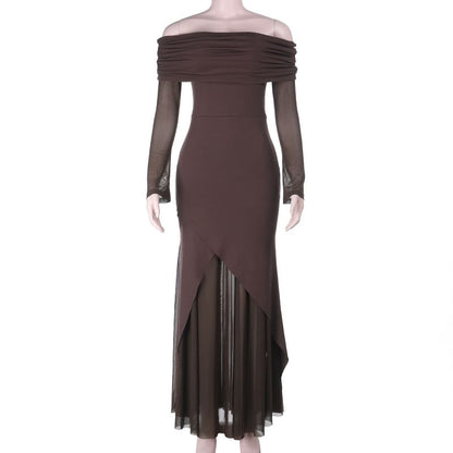 Long Sleeve Off Shoulder Plain Panel Mesh Trumpet Evening Dress