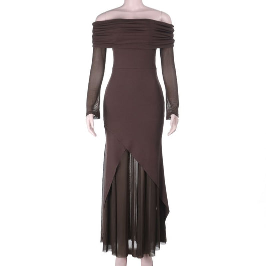 Long Sleeve Off Shoulder Plain Panel Mesh Trumpet Evening Dress