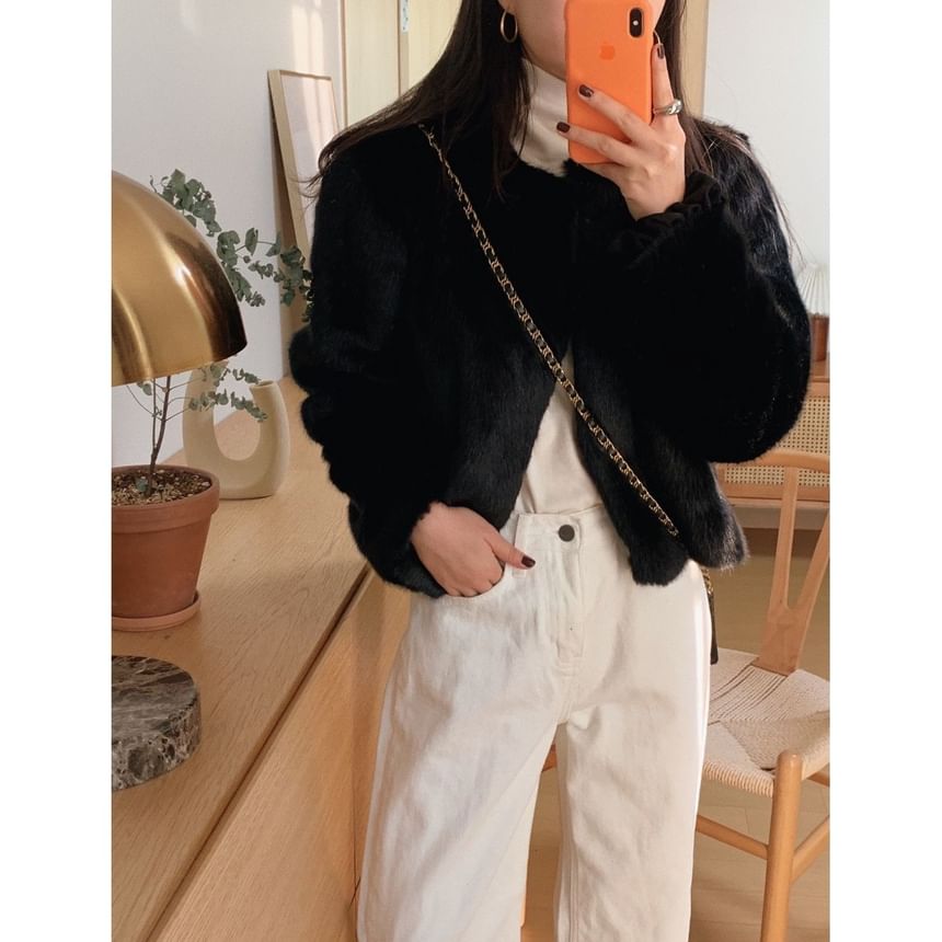 Crew Neck Plain Fluffy Open Front Crop Jacket