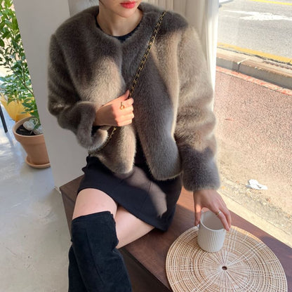 Crew Neck Plain Fluffy Open Front Crop Jacket