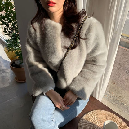 Crew Neck Plain Fluffy Open Front Crop Jacket