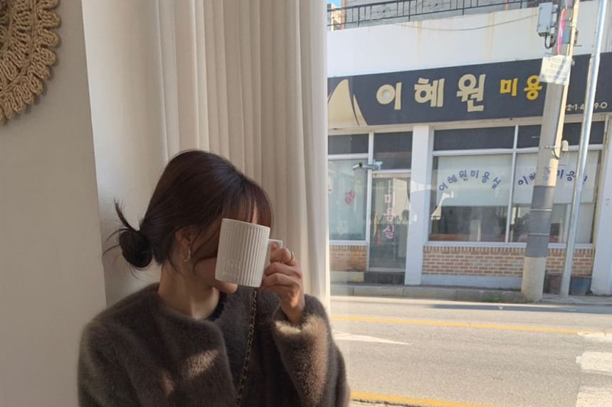 Crew Neck Plain Fluffy Open Front Crop Jacket