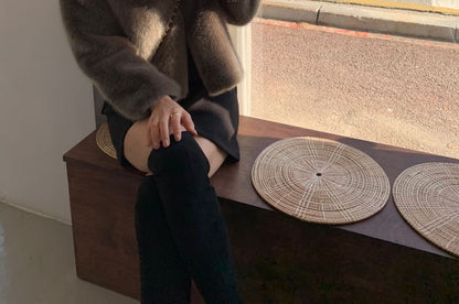 Crew Neck Plain Fluffy Open Front Crop Jacket