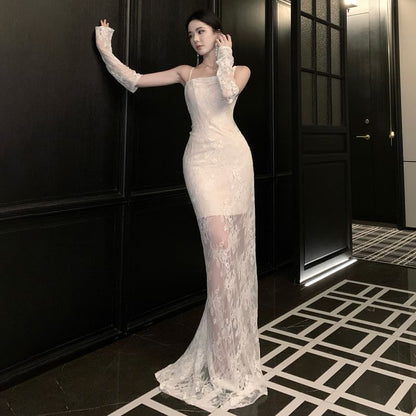 Spaghetti Strap Plain Backless Lace Sheath Wedding Gown