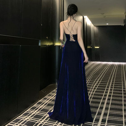 Spaghetti Strap V-Neck Plain Slit Velvet A-Line Evening Gown