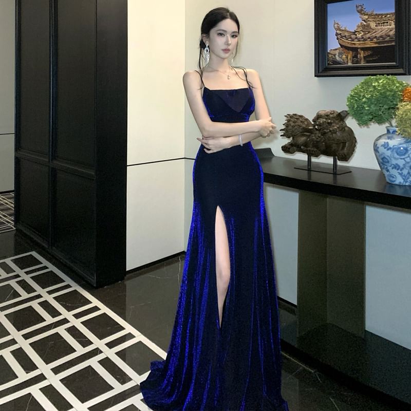 Spaghetti Strap V-Neck Plain Slit Velvet A-Line Evening Gown