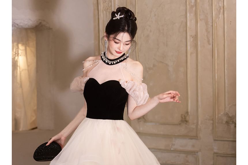 Puff-Sleeve Cold-Shoulder Floral Bead Mesh Panel A-Line Evening Gown