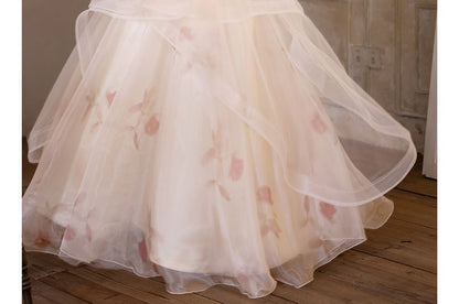 Puff-Sleeve Cold-Shoulder Floral Bead Mesh Panel A-Line Evening Gown