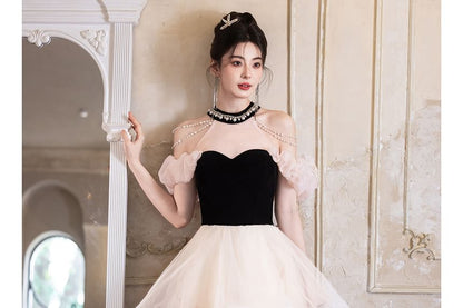 Puff-Sleeve Cold-Shoulder Floral Bead Mesh Panel A-Line Evening Gown