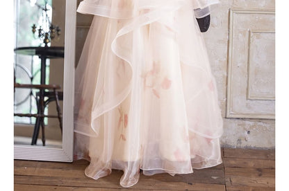 Puff-Sleeve Cold-Shoulder Floral Bead Mesh Panel A-Line Evening Gown