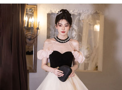 Puff-Sleeve Cold-Shoulder Floral Bead Mesh Panel A-Line Evening Gown