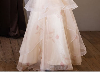 Puff-Sleeve Cold-Shoulder Floral Bead Mesh Panel A-Line Evening Gown