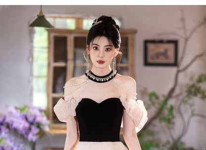 Puff-Sleeve Cold-Shoulder Floral Bead Mesh Panel A-Line Evening Gown