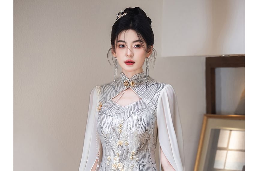 Cape-Sleeve Mandarin Collar Floral Sequin Mermaid Evening Gown