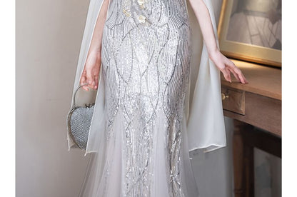 Cape-Sleeve Mandarin Collar Floral Sequin Mermaid Evening Gown