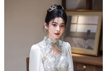 Cape-Sleeve Mandarin Collar Floral Sequin Mermaid Evening Gown