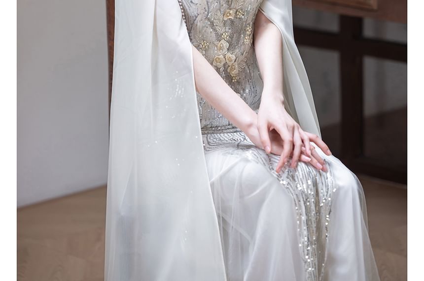Cape-Sleeve Mandarin Collar Floral Sequin Mermaid Evening Gown