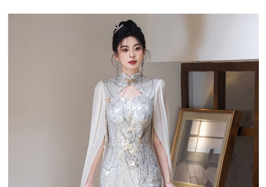 Cape-Sleeve Mandarin Collar Floral Sequin Mermaid Evening Gown
