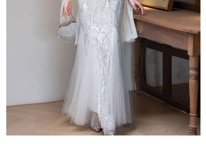 Cape-Sleeve Mandarin Collar Floral Sequin Mermaid Evening Gown