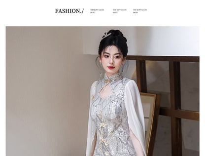 Cape-Sleeve Mandarin Collar Floral Sequin Mermaid Evening Gown